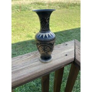 Vintage Etched Brass Vase Black Gold Indian Boho Floral 8.25” Tall Decor